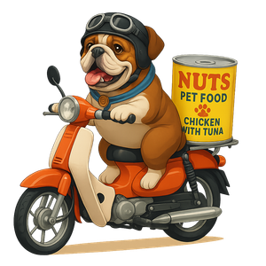 Happy dog on bike with Nuts Pet Food