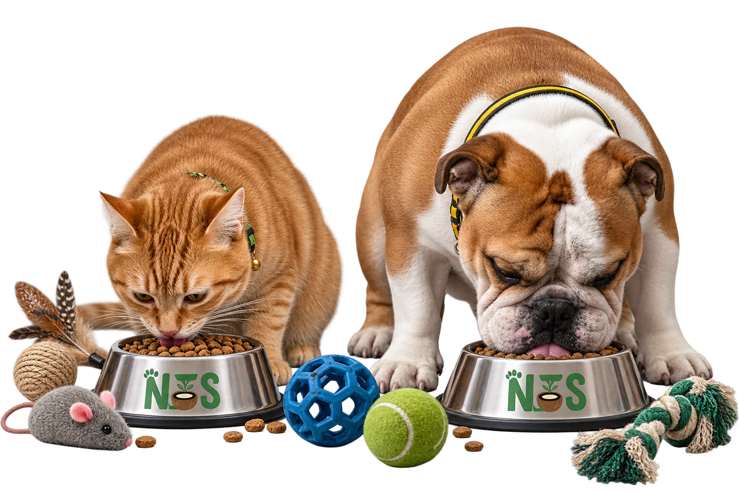Illustration of a ginger tabby cat and bulldog by Nuts food bowls